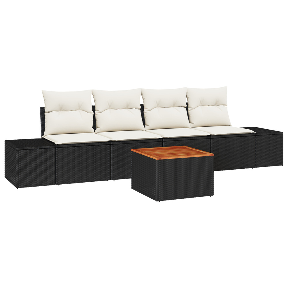 Ensemble de canapé de jardin 5 pièces avec coussins noir poly rattan acacia