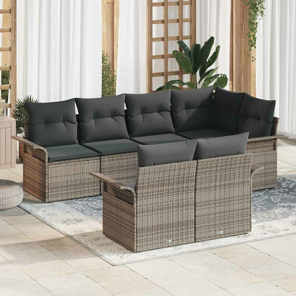 Ensemble de canapé de jardin avec coussin 7 pcs gris polyrotin