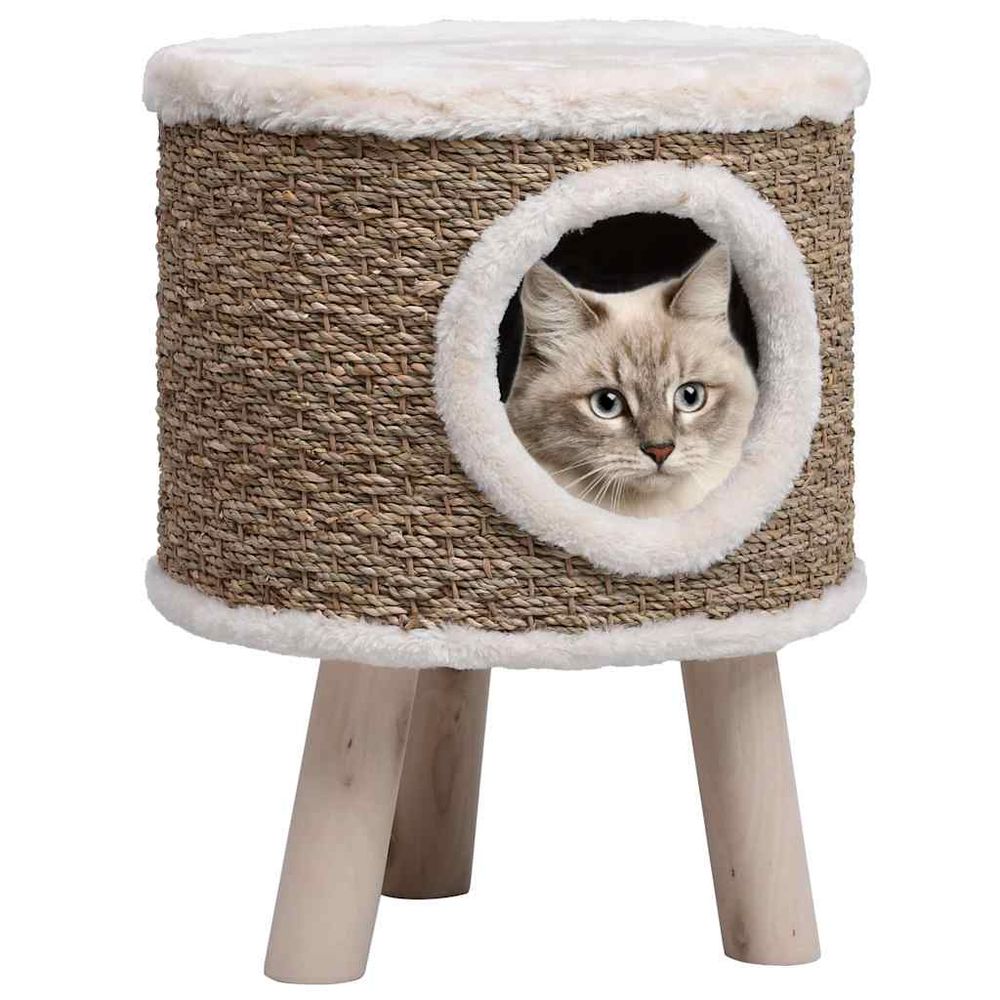 Niche pour chat sur pieds en bois avec griffoir herbiers marins design scandinave