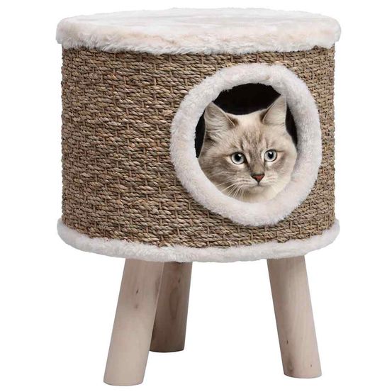 Niche pour chat sur pieds en bois avec griffoir herbiers marins design scandinave