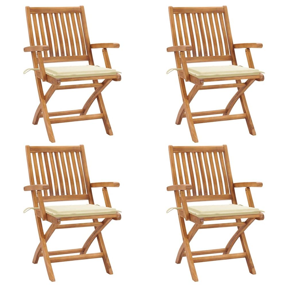 Chaises pliantes avec coussins, 4 pièces, en teck massif