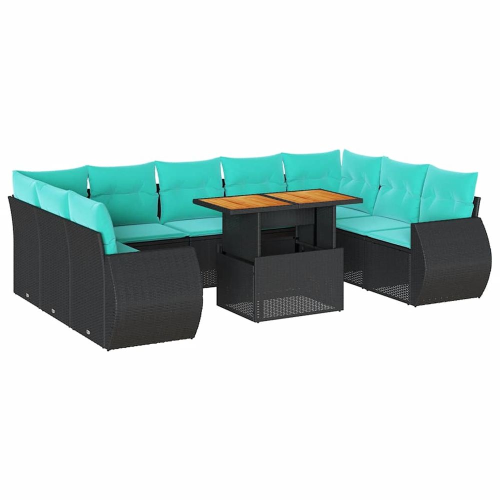 Salon de jardin 10 pcs avec coussins noir résine tressée