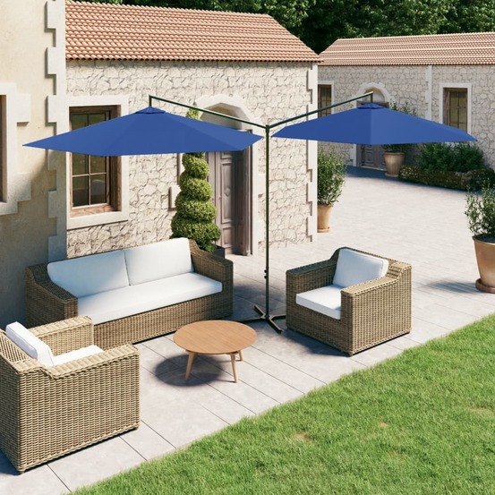Parasol de jardin double avec mât en acier bleu azuré 600 cm