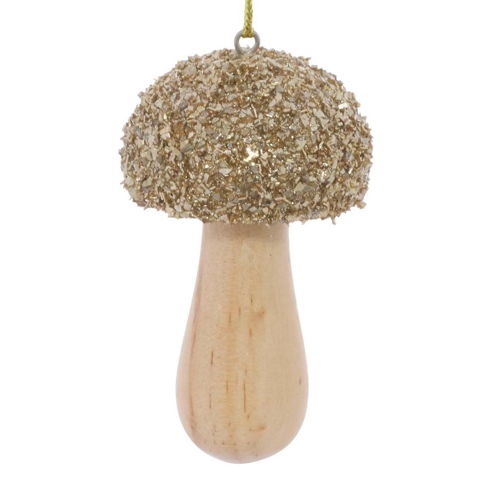 Suspension de sapin champignon en bois pailleté doré 9 cm