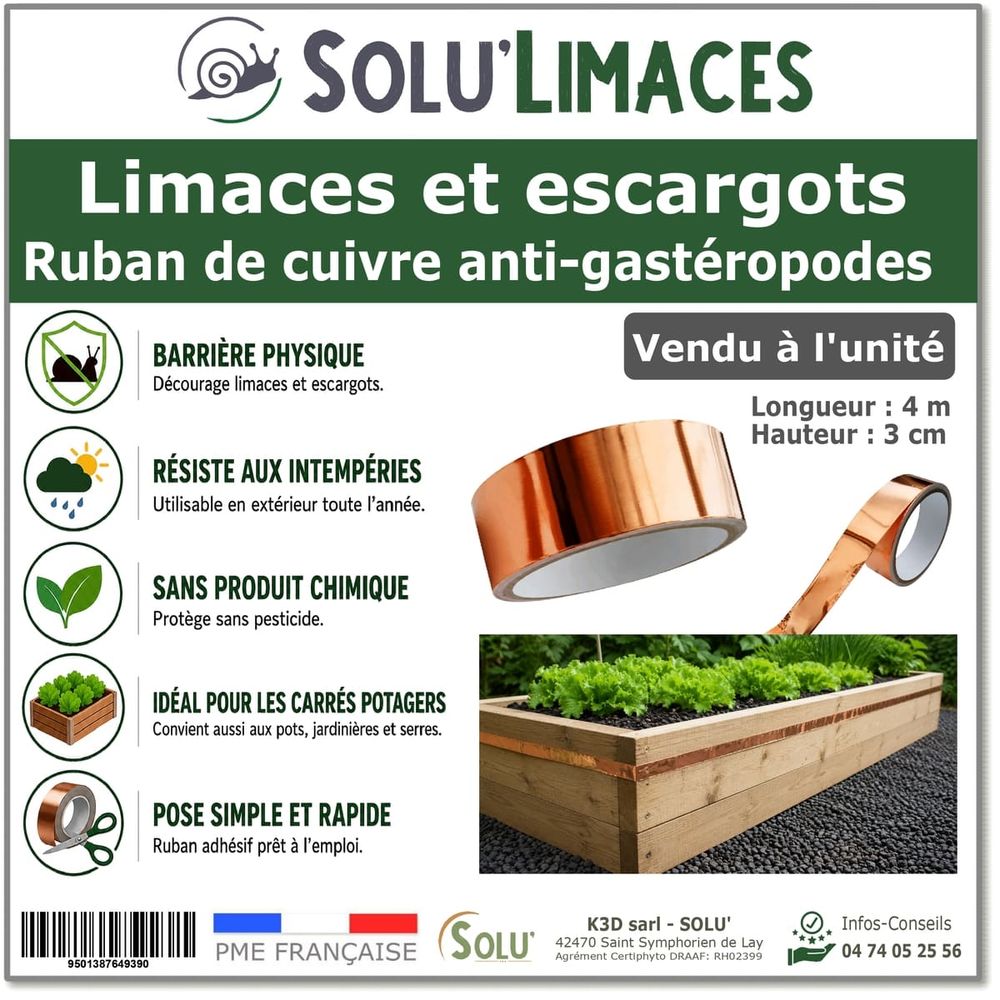 Ruban de cuivre anti-limaces et escargots solu'limaces - Barrière physique adhésive pour potager, jardinières et bacs