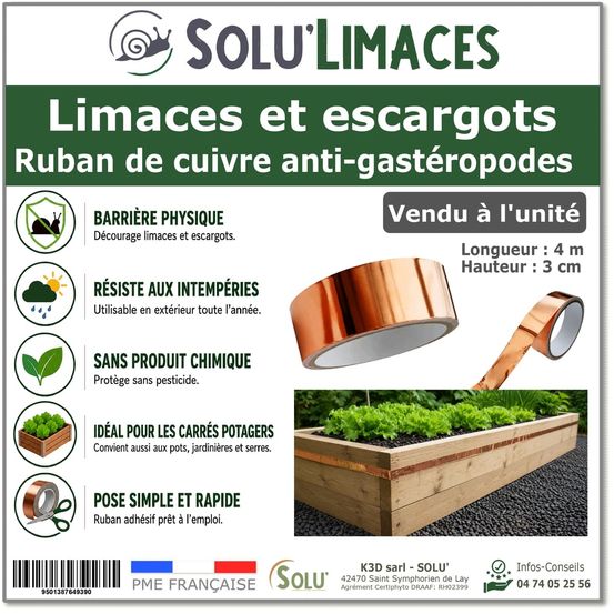 Ruban de cuivre anti-limaces et escargots solu'limaces - Barrière physique adhésive pour potager, jardinières et bacs