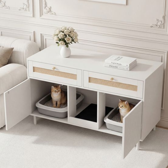 Meuble maison de toilette chat mdf intérieur double porte et tiroirs 120x50x65 blanc