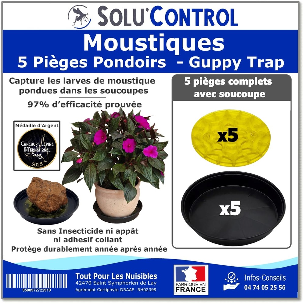 5 guppy trap + 5 coupelles, piège pondoir à moustiques, sans produit, sans adhésif, médaille d'argent concours lépine 2023