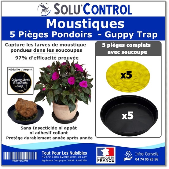 5 guppy trap + 5 coupelles, piège pondoir à moustiques, sans produit, sans adhésif, médaille d'argent concours lépine 2023