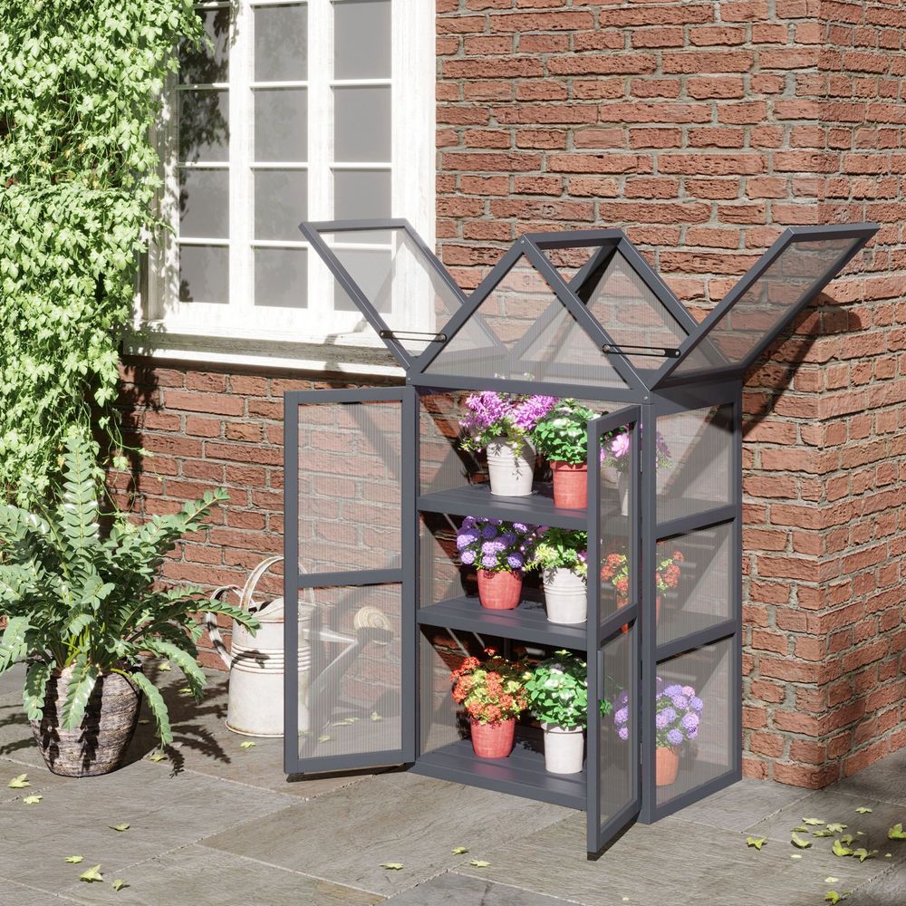 Mini serre jardin bois gris balcon terrasse 3 étagères polycarbonate 70x42x132cm - comfortxl outdoor living