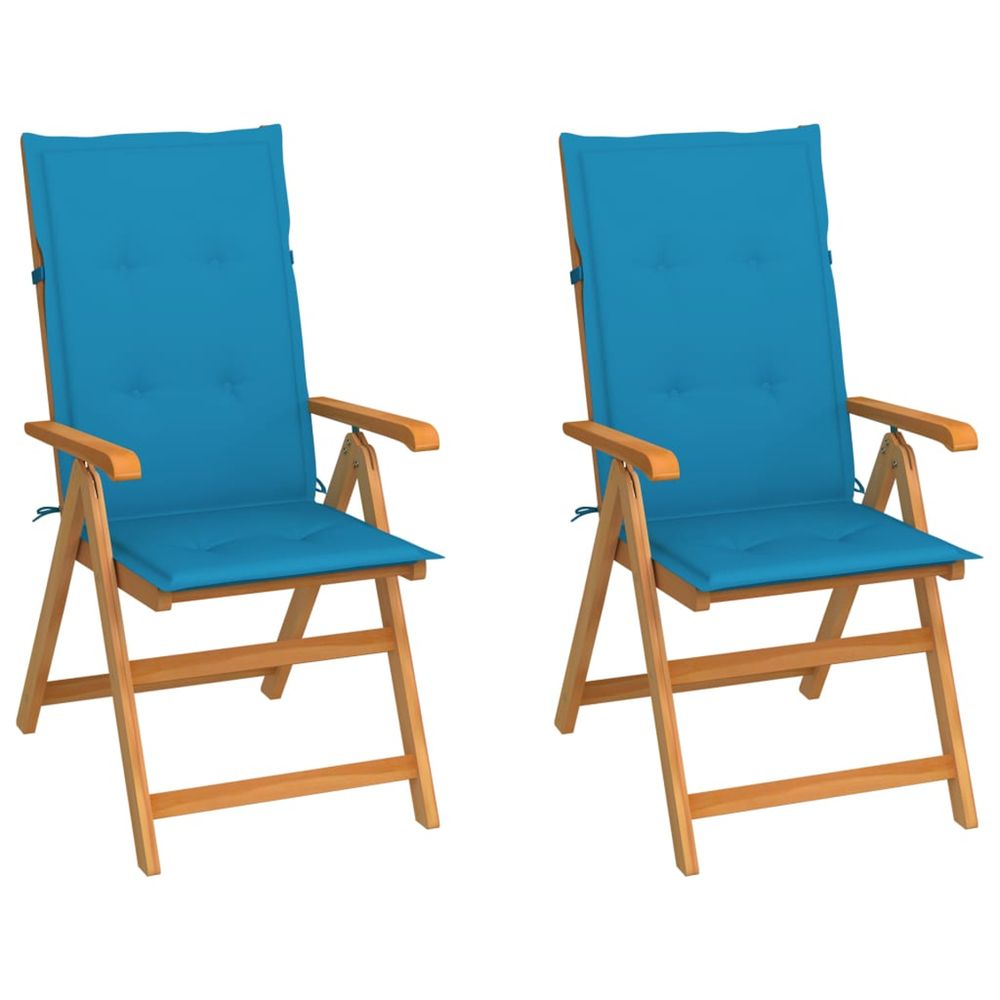 Chaises pliantes (lot de 2) avec coussins bleus, en teck massif