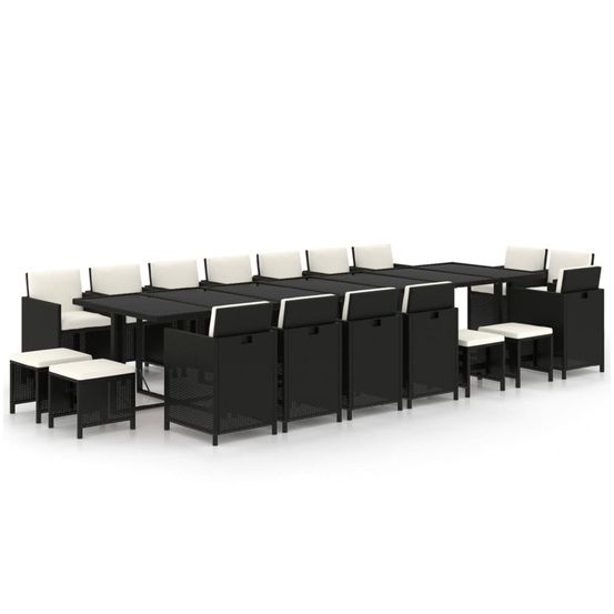 Ensemble à manger de jardin coussins 19 pcs résine tressée noir