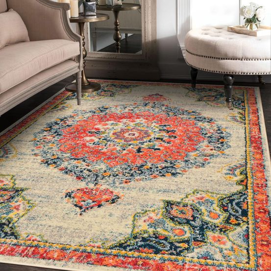 Tapis orient 200x290 rectangle crème et rouge tissé motif traditionnel olca