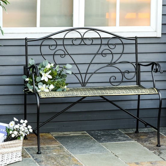 Banc de jardin 2 places style néo-rétro fer forgé lignes fuselées métal noir doré effet vieilli