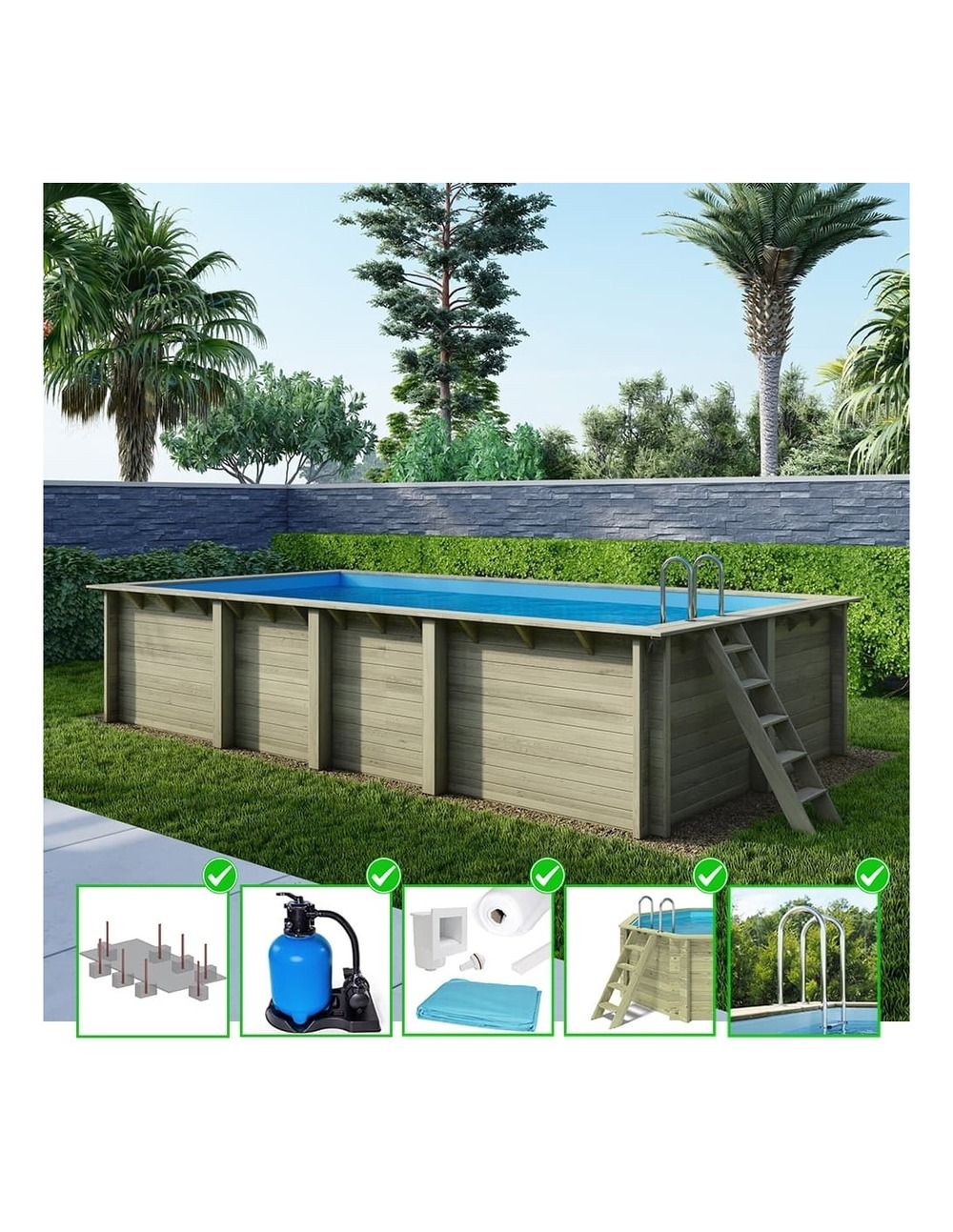 Piscine en bois aqua 7x3,75 - h.1,45 m fixations à sceller - bas7308ospi - altanka