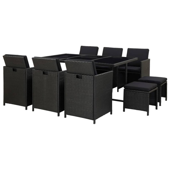 Ensemble à manger d'extérieur 11 pcs avec coussins rotin noir