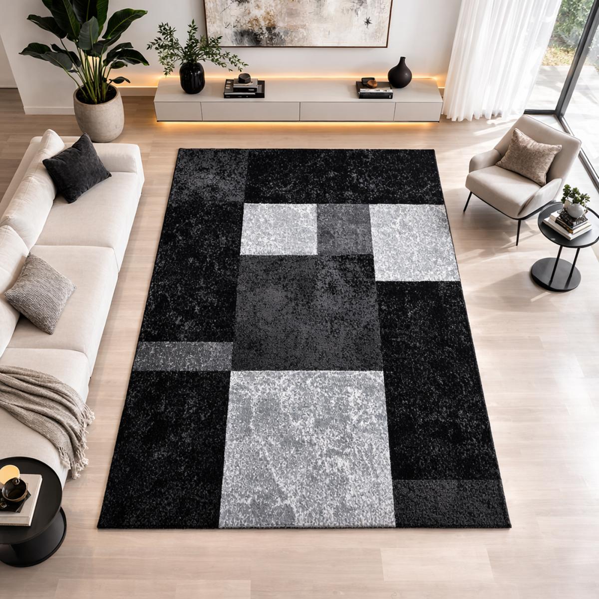 Tapis chambre 120x170 tissé noir et gris rectangle motif géométrique cararelle