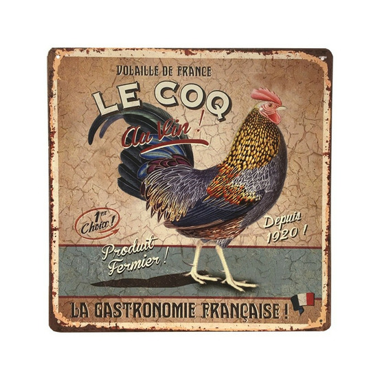 Plaque murale décorative vintage en métal multicolore coq vin 30x30cm