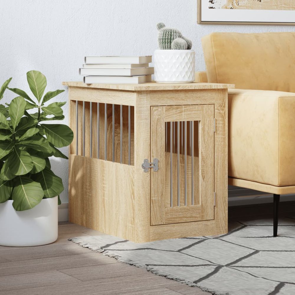 Meuble cage chien bois et acier table d'appoint chêne sonoma 59cm
