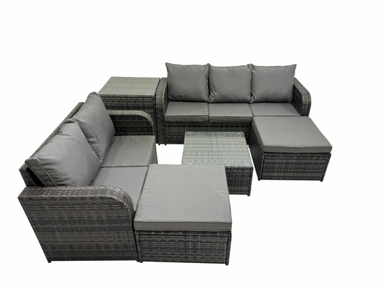 7 places dossier haut salon de jardin avec table basse carrée 2 grand tabourets table d'appoint ensemble de canapés en rotin