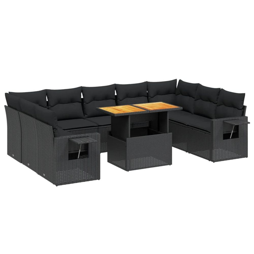 Salon de jardin 10 pcs avec coussins noir résine tressée