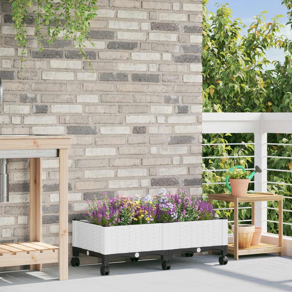 Jardinière sur roues polypropylène jardin balcon aménagement plantes fleurs 80x40x33 blanc