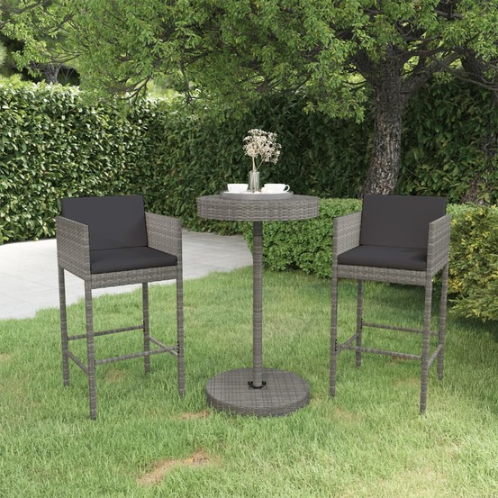 Ensemble de bar de jardin 3 pcs et coussins résine tressée gris