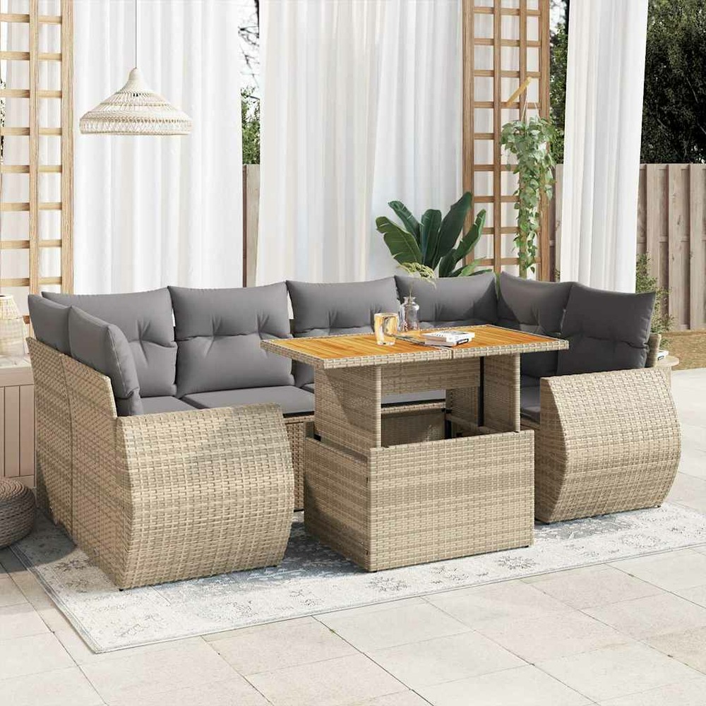 Salon de jardin avec coussins 7 pcs beige résine tressée