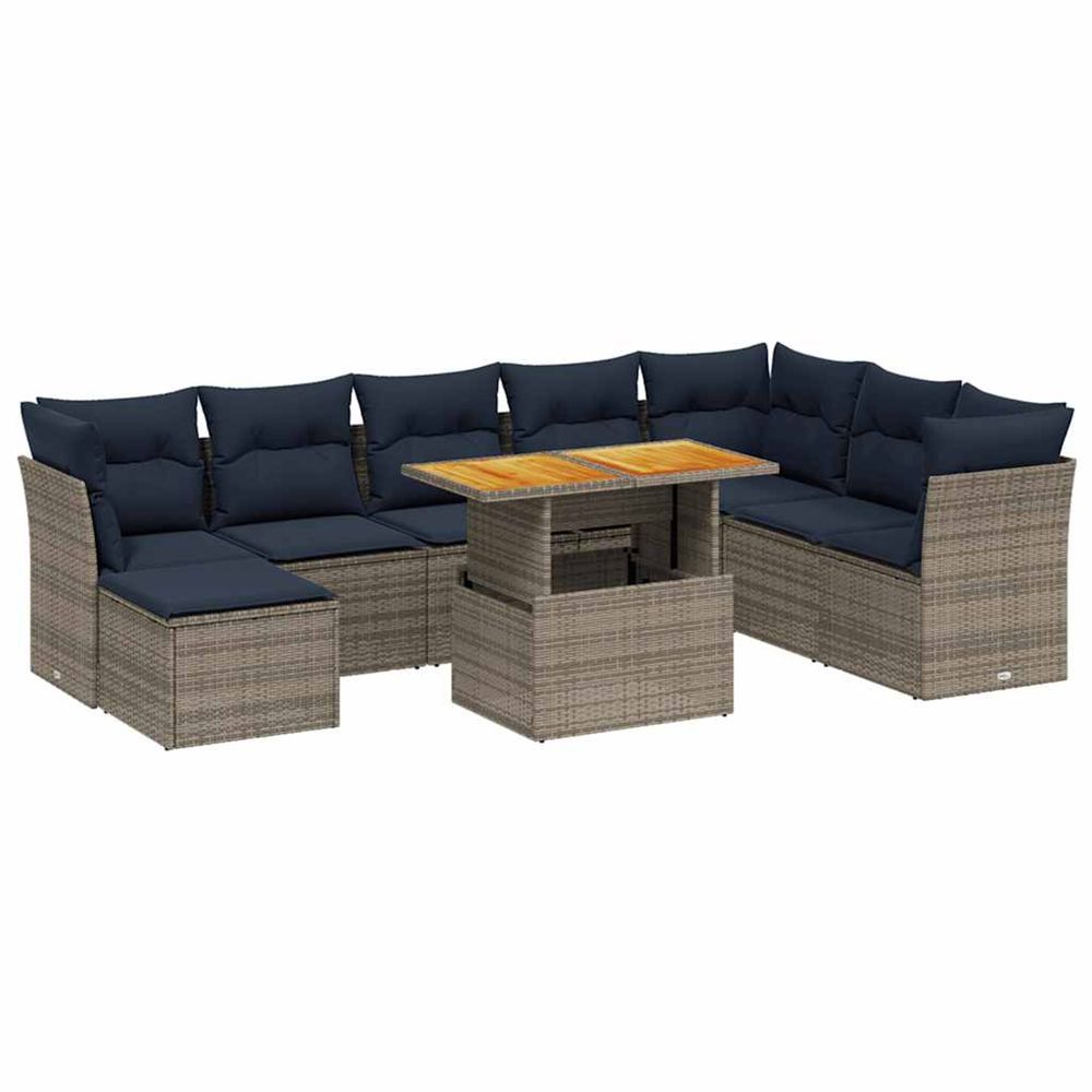 Salon de jardin 9 pcs avec coussins gris résine tressée