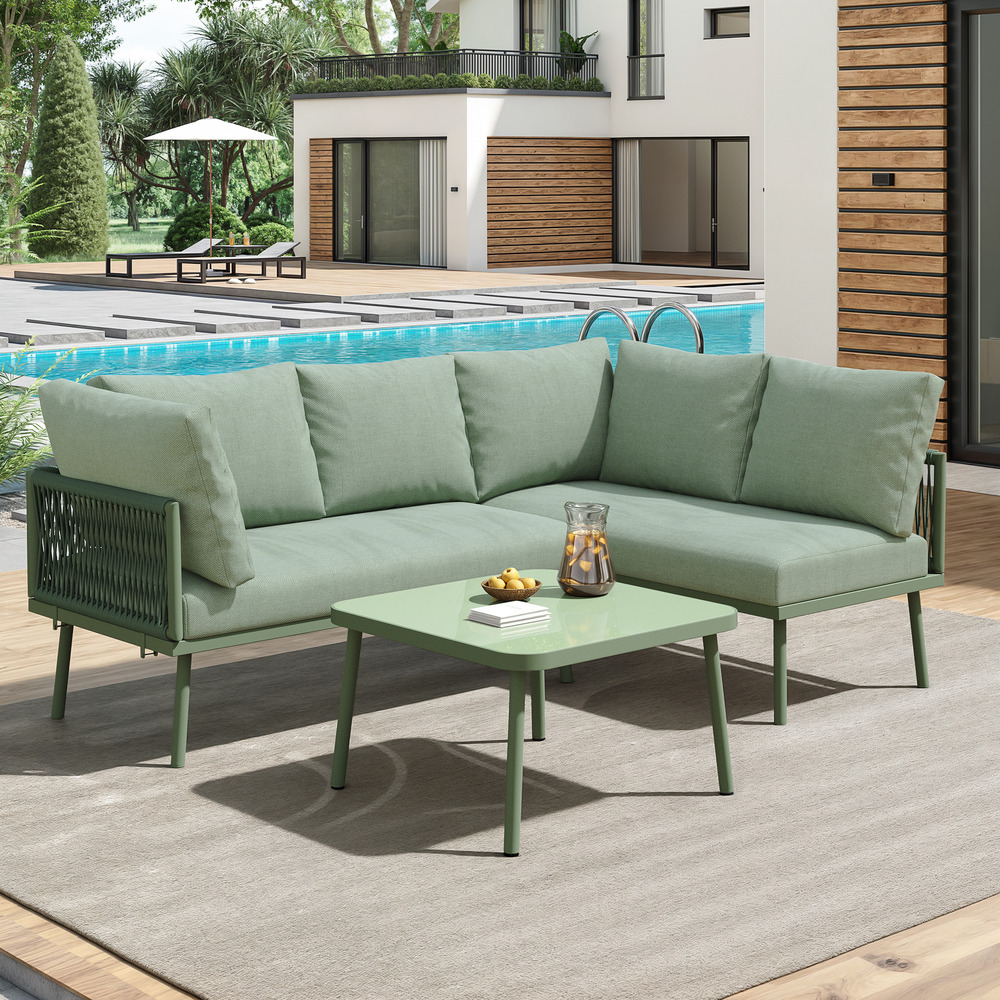Ensemble jardin métal l: tressage corde verte, coussins, pieds réglables, 2 canapés +1 table