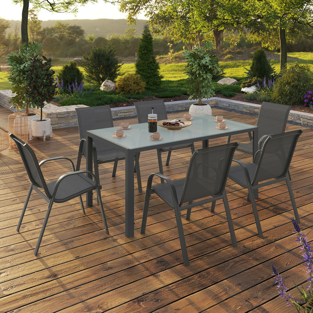 Salon de jardin madrid table 150 cm et 6 chaises empilables gris anthracite plateau clair