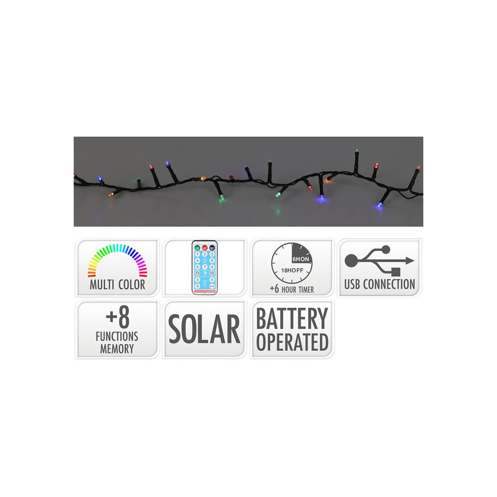 Guirlande led 8 fonctions twinking multicolore, ip44, solaire. Basics