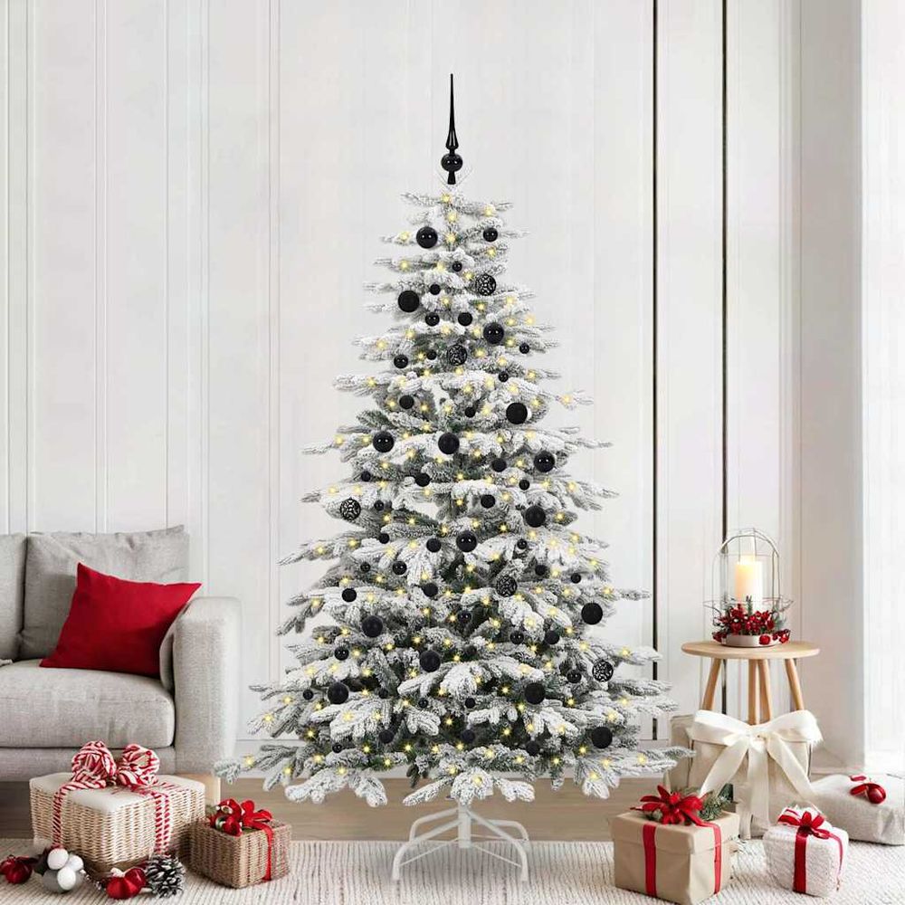 Décoration de noël : grand sapin blanc 210 cm avec led et set de 120 boules