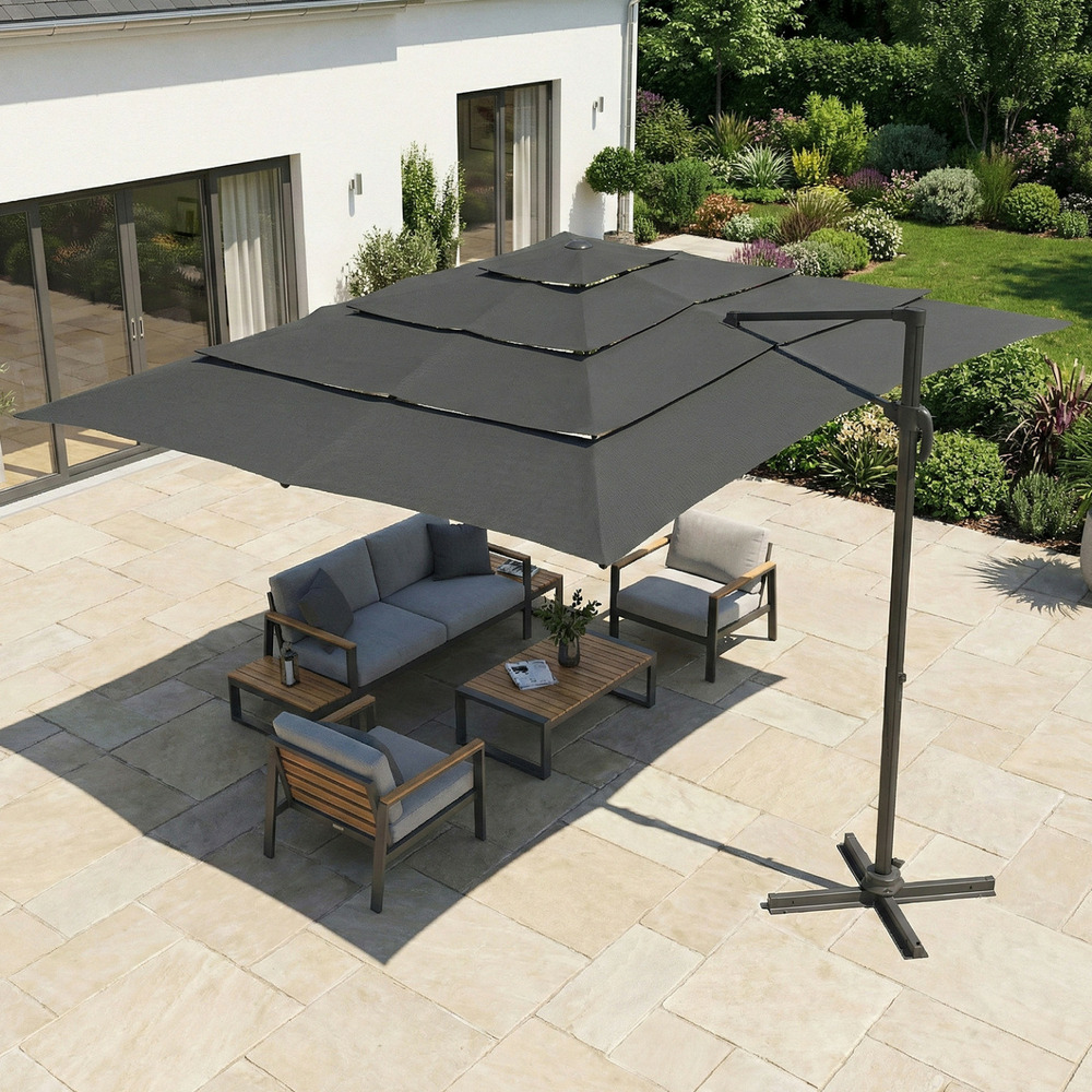 Parasol déporté inclinable rotatif 360 calvi multi toile grand vent gris 3x4 m avec housse