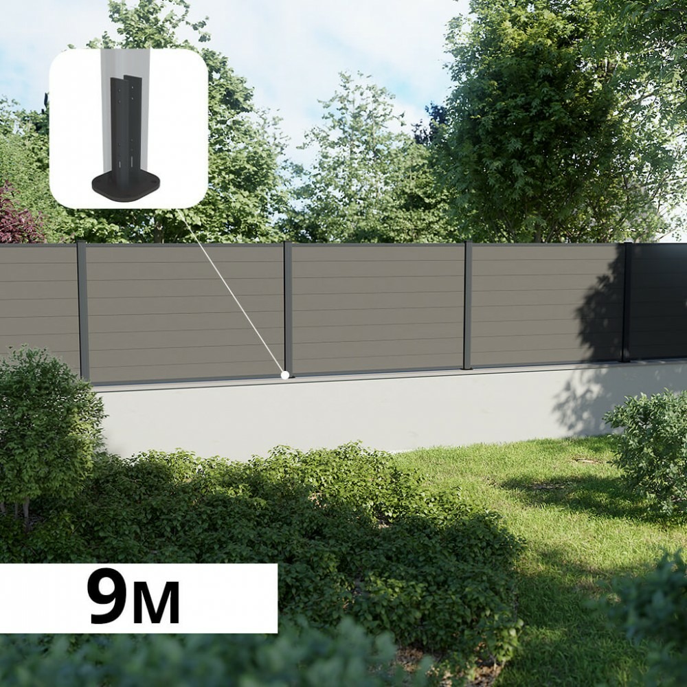 Kit clôture composite sur muret rio platine 9x1,2m - bois composite & aluminium - poteaux sur platines gris - brise vue