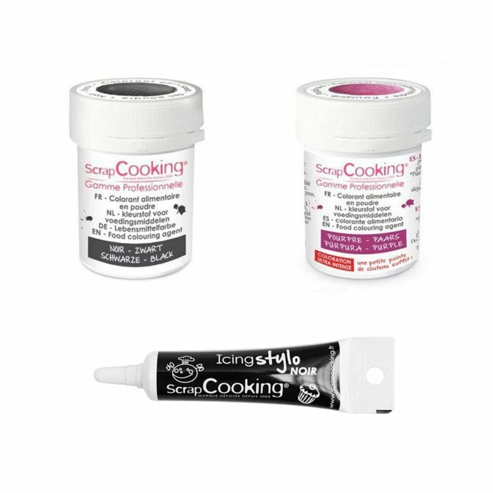 2 colorants alimentaires noir-pourpre + stylo glaçage noir
