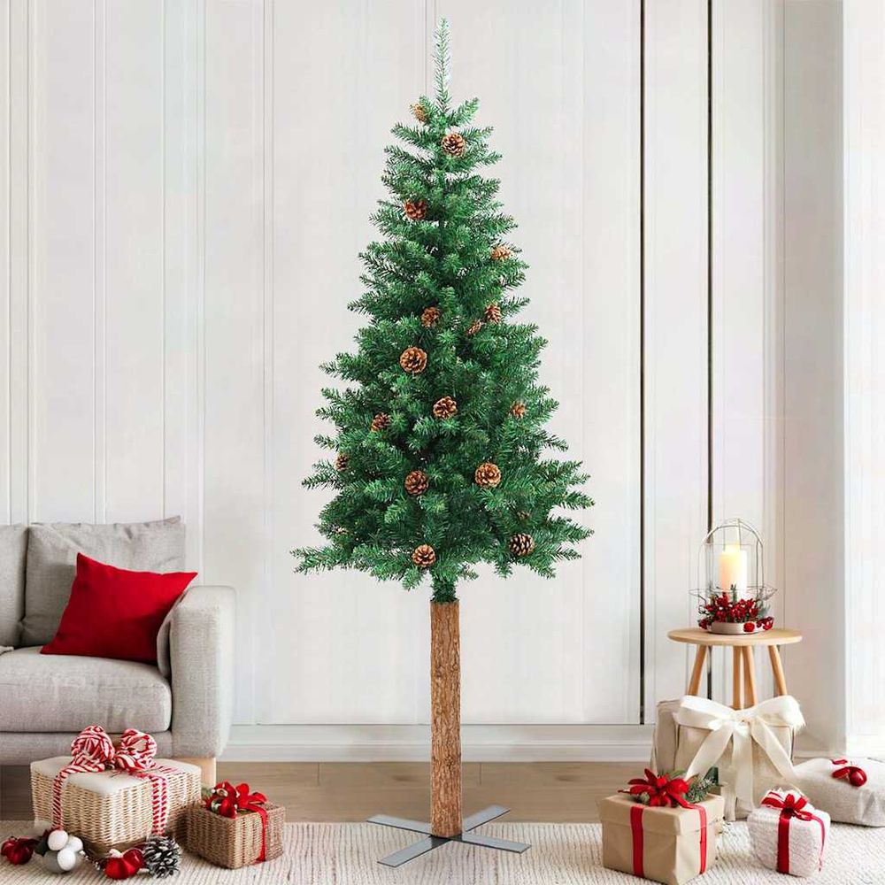 Sapin de noël mince pvc et bois véritable avec cônes pour fêtes vert 210 cm