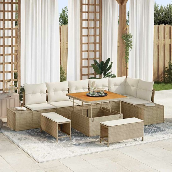 Ensemble de canapé de jardin avec coussin 9 pcs beige polyrotin