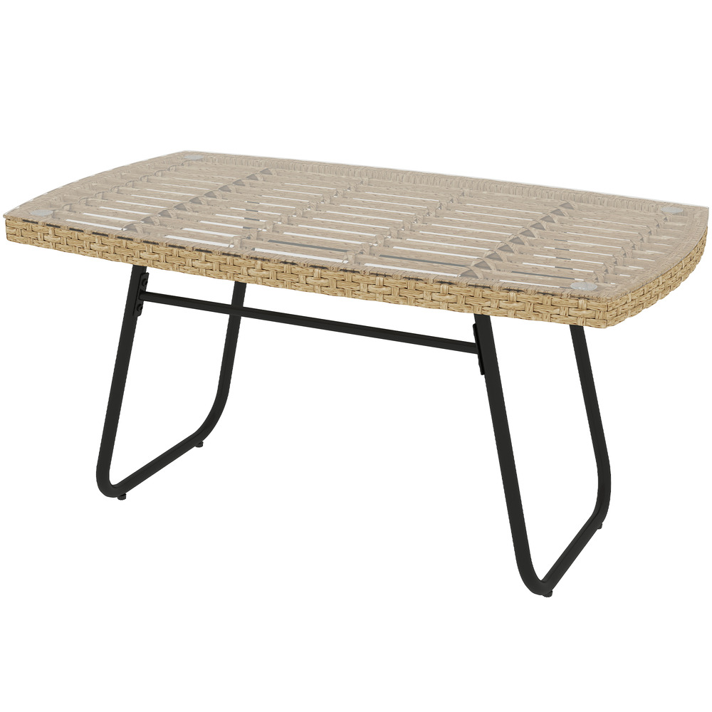 Table de jardin en polyrotin, 90 x 50 x 45 cm, table d'appoint résistante aux uv avec plateau en verre, bois naturel