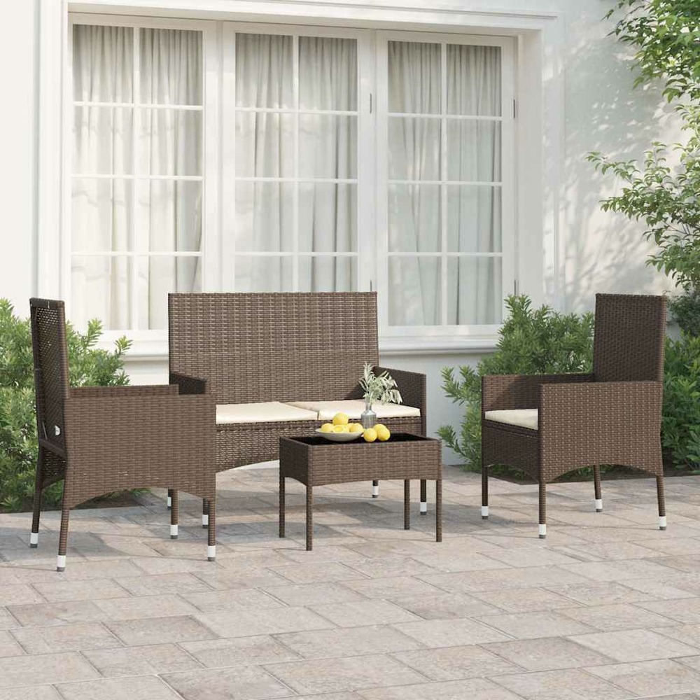 Salon de jardin 4 pcs avec coussins marron résine tressée