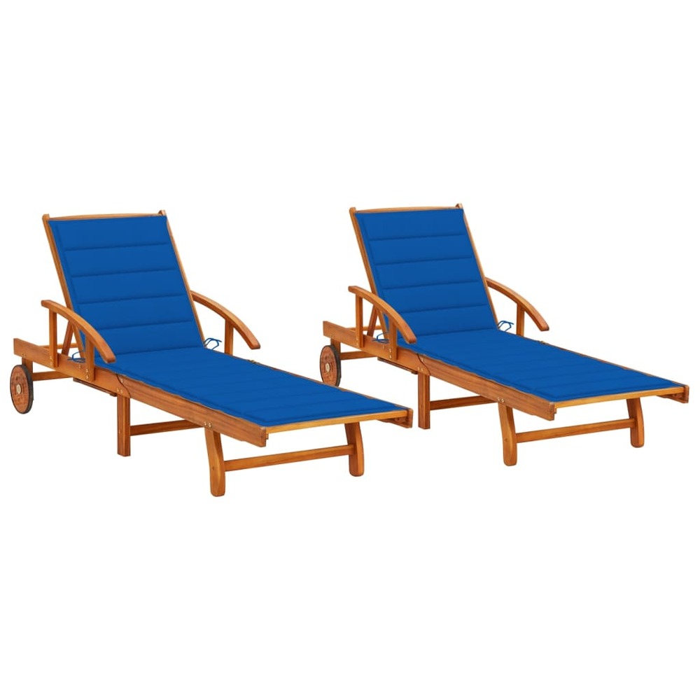 Lot de 2 transats chaise longue bain de soleil lit de jardin terrasse meuble d'extérieur avec coussins bois d'acacia solide 0
