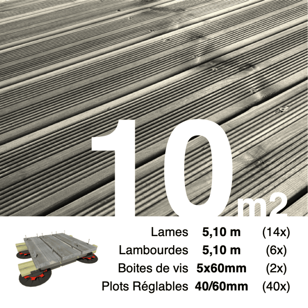 Kit complet terrasse pin autoclave gris pour 10 m², lames 5,1 m, lambourdes 5,1 m, plots réglables et visserie inox.