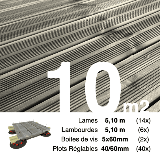 Kit complet terrasse pin autoclave gris pour 10 m², lames 5,1 m, lambourdes 5,1 m, plots réglables et visserie inox.