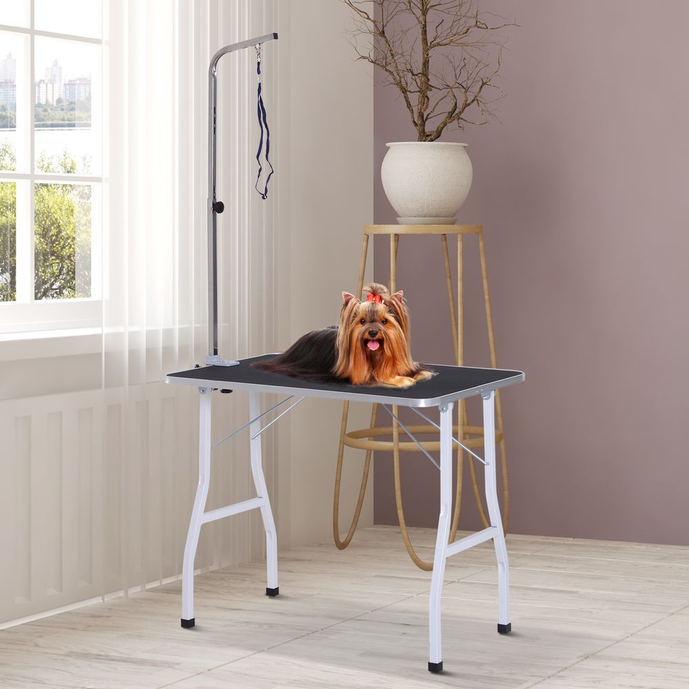 Table de toilettage chien acier caoutchouc noir pliable avec sangles réglables pour coupe séchage et brossage