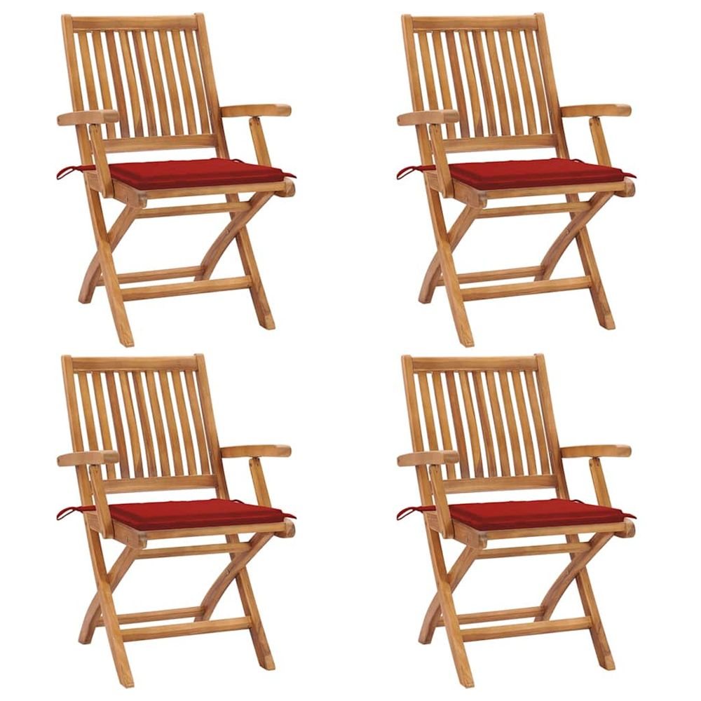 Chaises pliantes avec coussins, 4 pièces, en teck massif