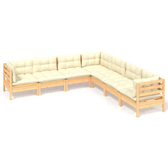 Salon de jardin 7 pcs avec coussins crème bois de pin massif