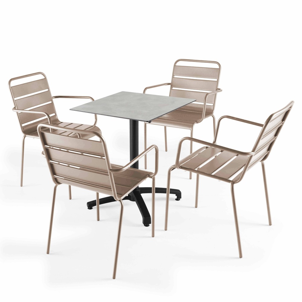 Ensemble table 60 cm gris clair et 4 fauteuils en métal taupe
