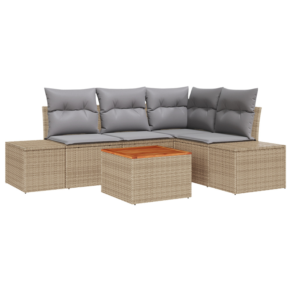 Ensemble de canapé de jardin 5 pièces avec coussins en poly rotin et acacia beige