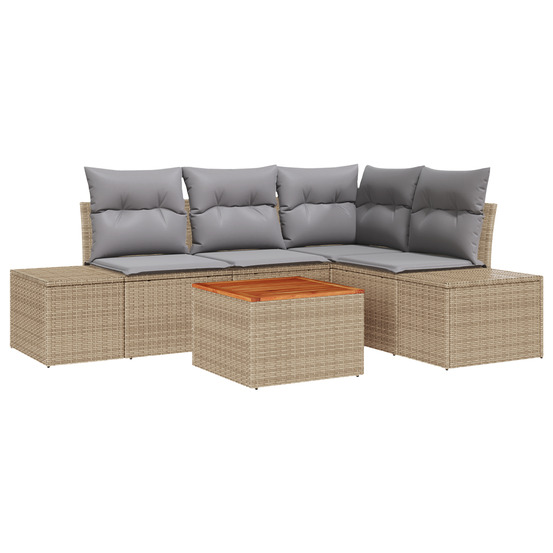 Ensemble de canapé de jardin 5 pièces avec coussins en poly rotin et acacia beige
