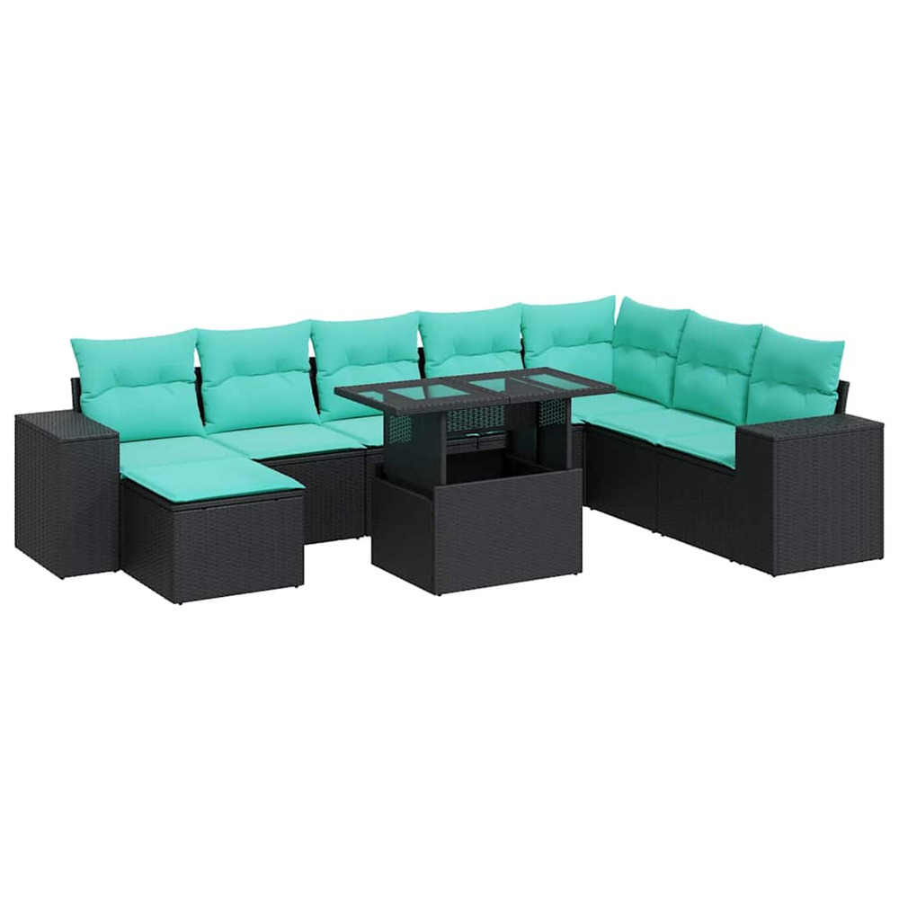 Salon de jardin avec coussins 9 pcs noir résine tressée acacia
